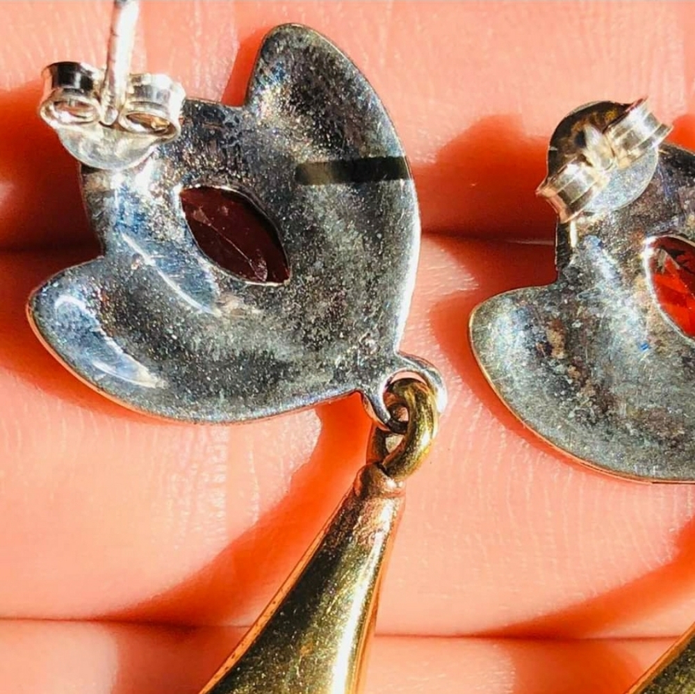 SOLD Basalt Turquoise & Garnet 925 Earrings - Picture 5 of 5